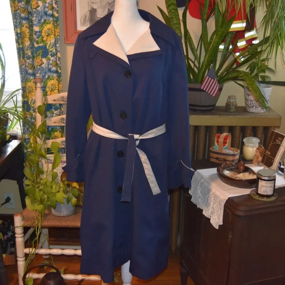 Vintage 1970s Jerold Raincoat Midi Length Navy Blue White Lining Size Large